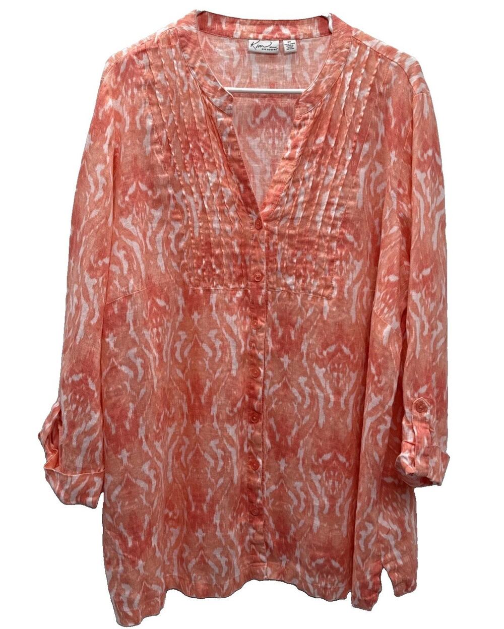 Kim Rogers Button Up Shirt Women’s 2X Plus Orange White Ikat Linen ¾ Sleeves Top